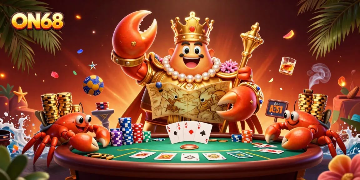 Uncover winning strategies at ON68 with a vibrant poker scene featuring a golden crab emperor.