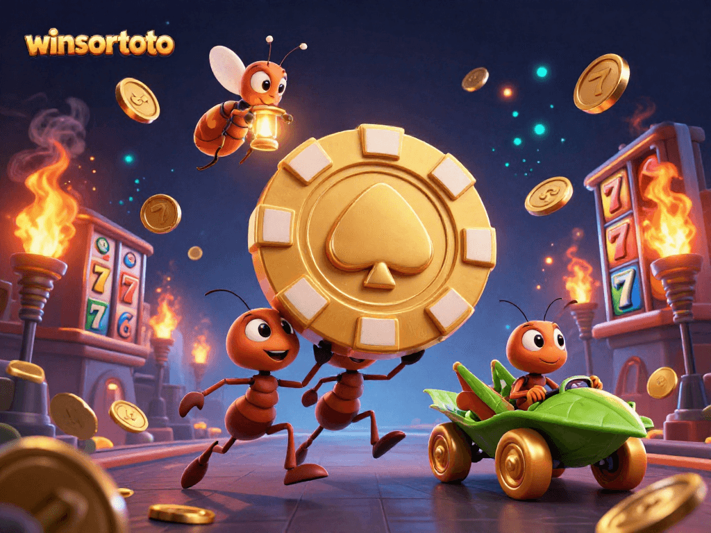 Visualisasi semut beraksi dalam kemenangan kasino winsortoto dengan chip poker emas yang besar.