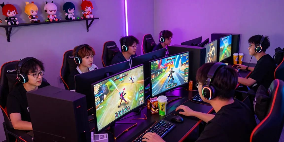 Gamers enjoying a dynamic gacha168 gaming experience with vibrant visuals and gaming equipment.