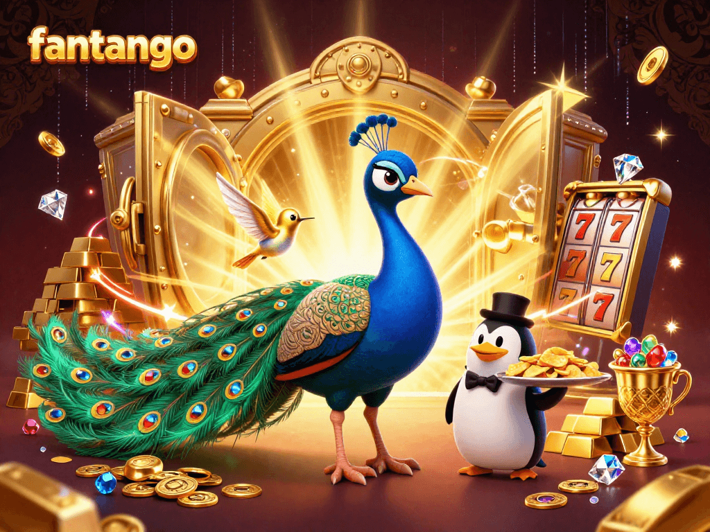 Experience the excitement of fantango with an aristocratic peacock and treasure in a vibrant casino setting.