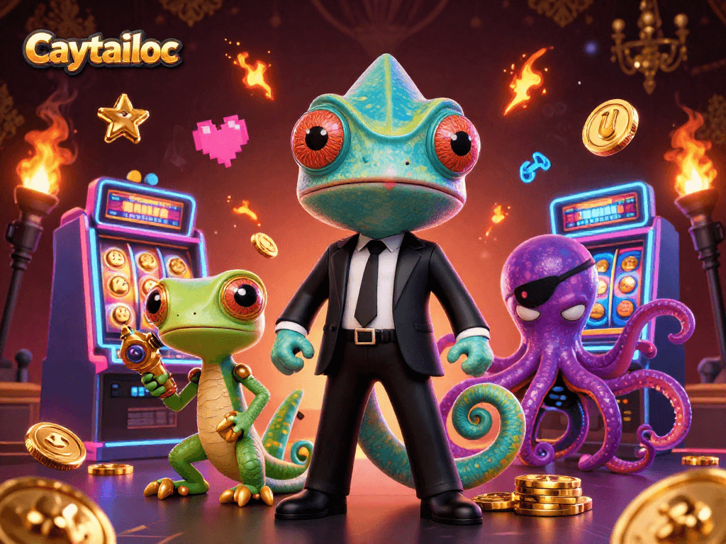 Caytailoc slot machines with vibrant reels and characters chasing jackpots in a colorful casino scene.