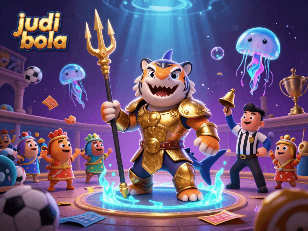 Engage in judi bola action with a dynamic underwater sports betting scene featuring a fierce shark and lively elements.
