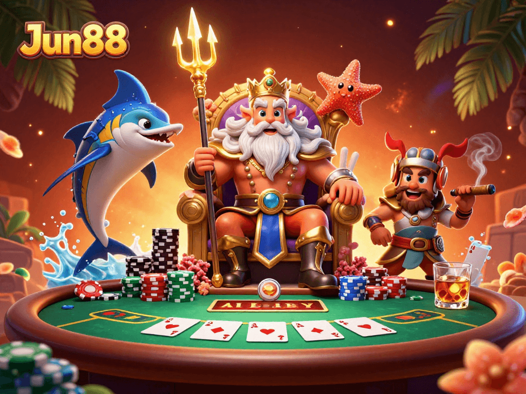 Experience thrilling poker action with Jun88's vibrant 3D fantasy illustration featuring Neptune and colorful game elements.