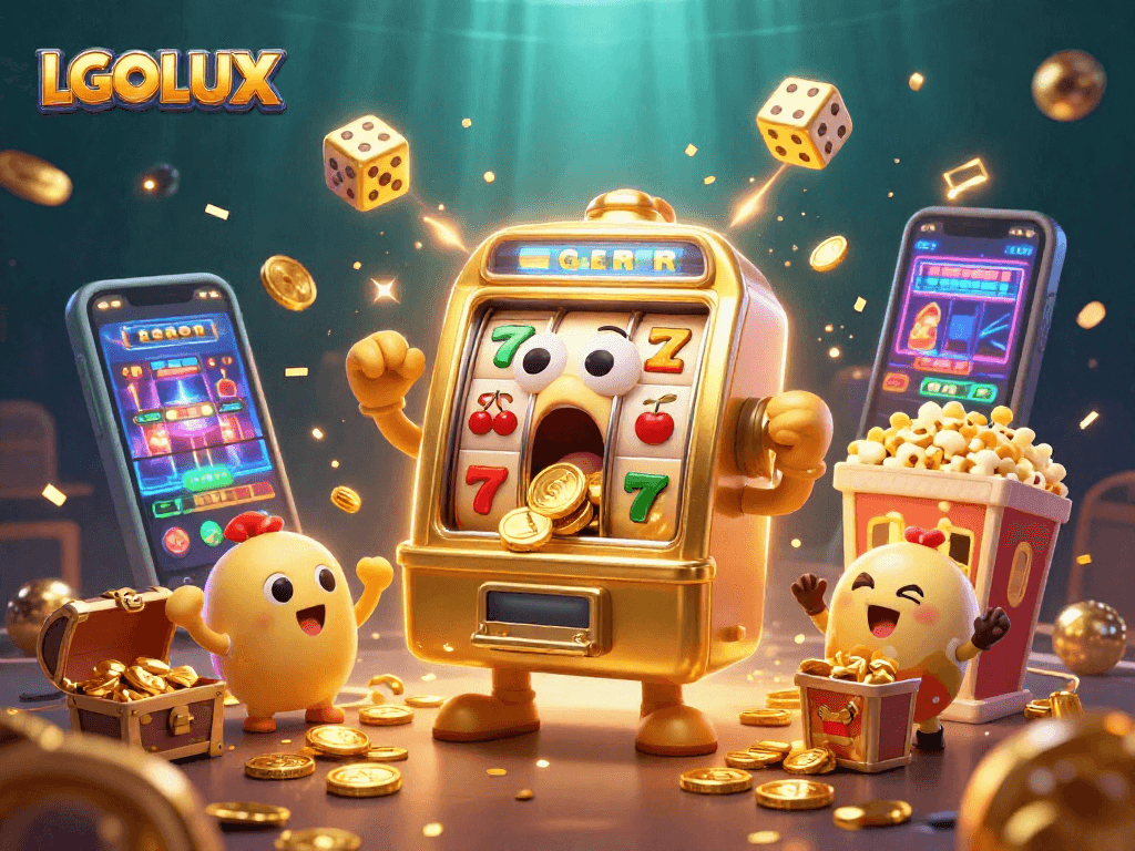 LGOLUX offers thrilling jackpot wins with a lively scene of slot machines and golden coins.