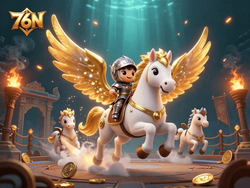 Aposte no emocionante mundo de 76N com esta ilustração vibrante e detalhada de um cavalo celeste e um cavaleiro.