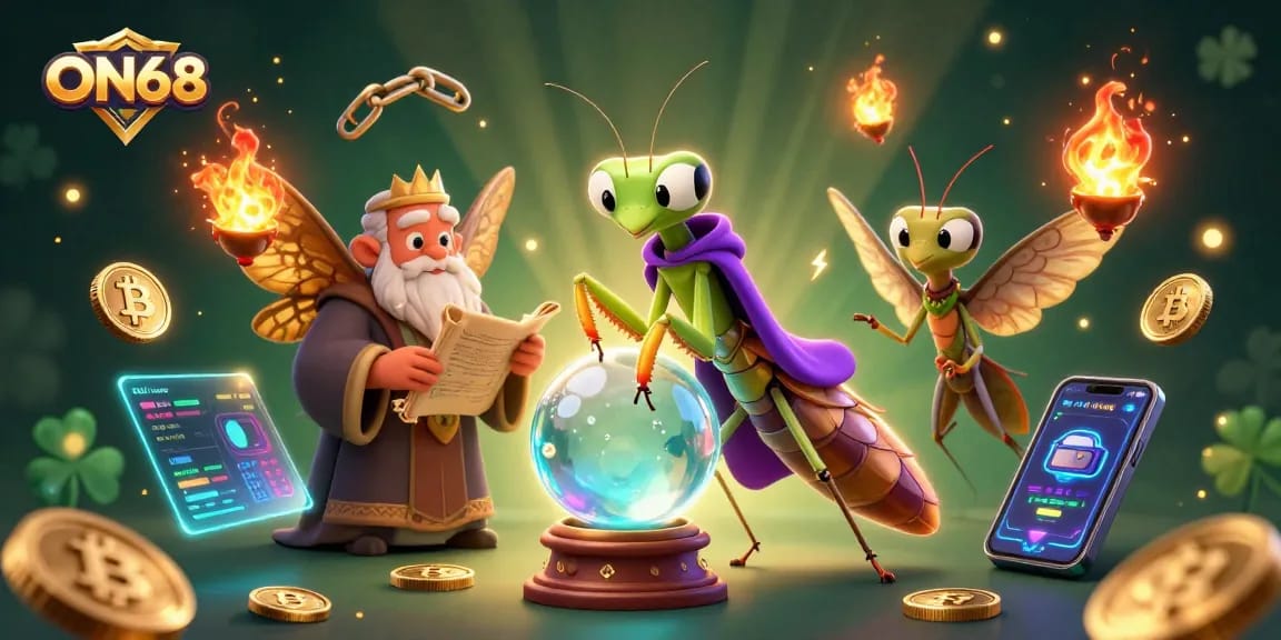 Experience the thrill of ON68 gaming with our vibrant, immersive scene of mystic fortune tellers and crypto elements.