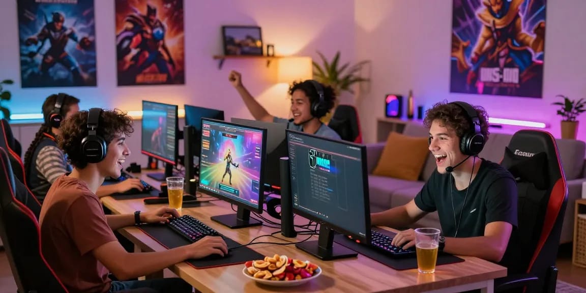 Two friends enjoying an online porn game in a vibrant gaming setup.