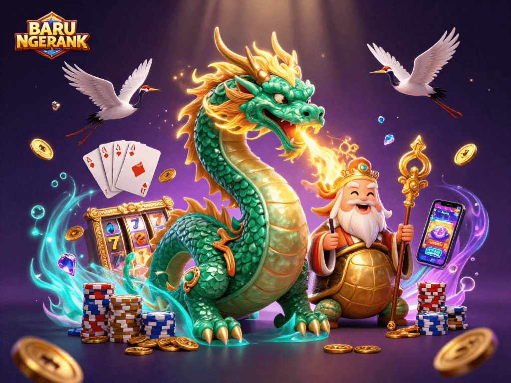 Spin big wins with BARU NGERANK featuring a jade dragon, turtle sage, and lucky cranes in a vibrant casino scene.