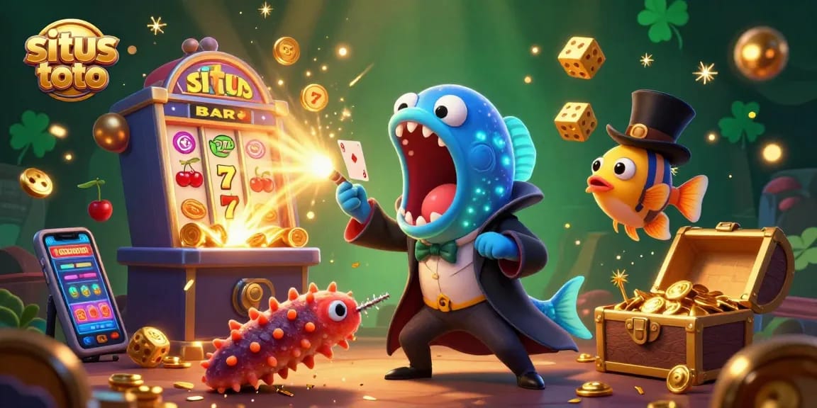 Experience the excitement of situs toto with engaging 3D illustrations showcasing slots and vibrant casino elements.