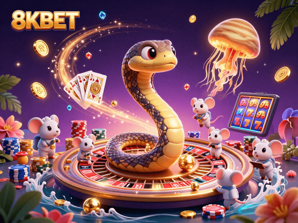 Bet on 8KBET's themed casino with cartoon characters and vibrant elements in a cosmic setting