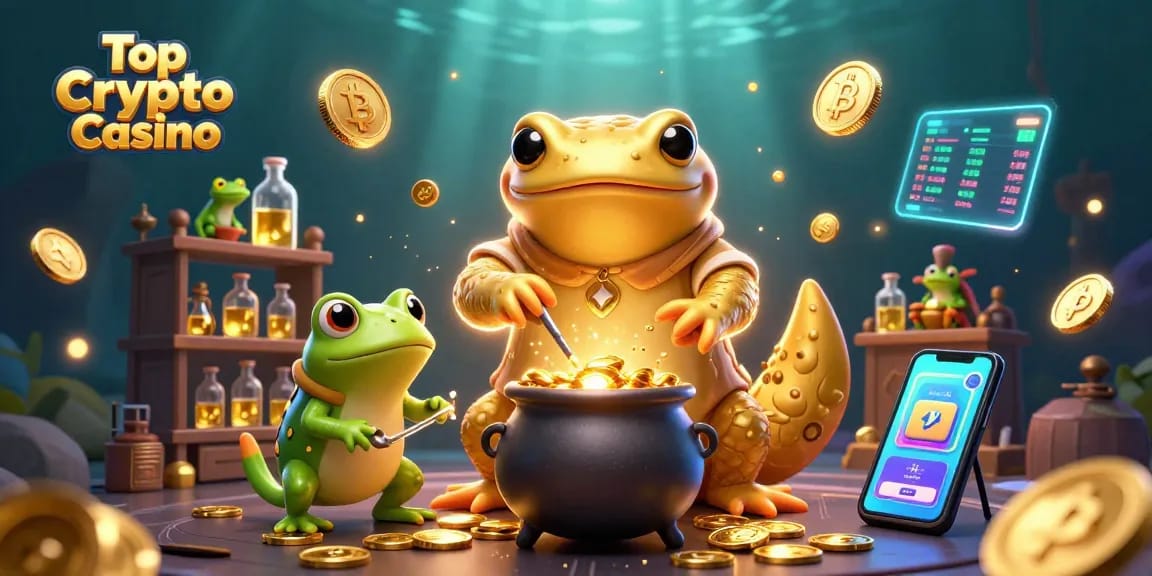 Experience the excitement at Top Crypto Casino with golden alchemists and vibrant crypto elements.