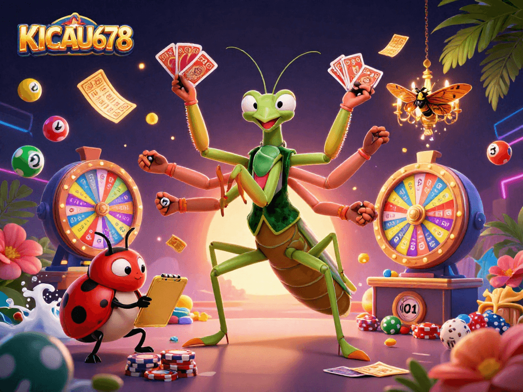 KICAU678 showcases a vibrant casino scene with a giant mantis and ladybug characters amidst colorful gaming elements.