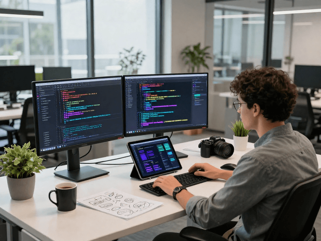 Engaged developer using spicy ai technologies at a modern workspace.