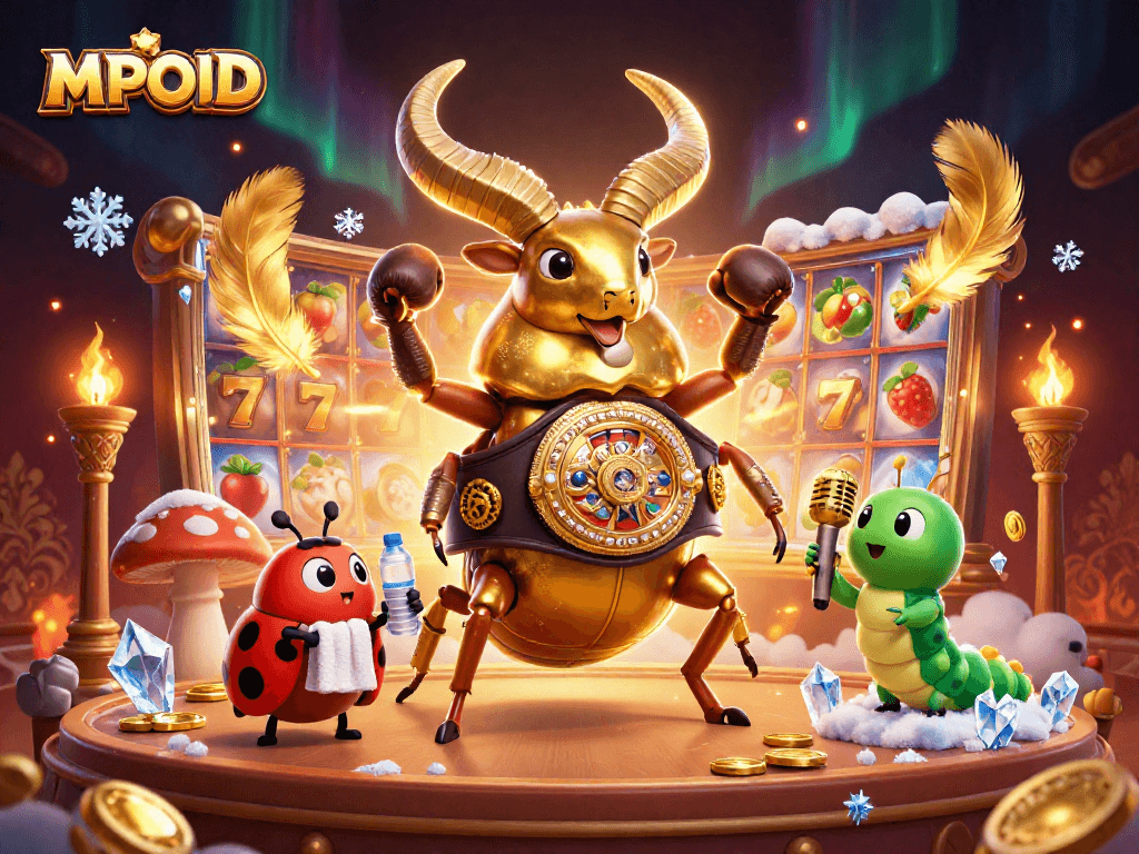 MPOID showcases thrilling slot action in a dynamic 3D casino illustration featuring a champion beetle.