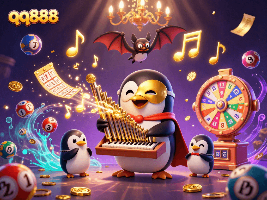 Experience the thrill of qq888 with a vibrant casino-themed illustration featuring a penguin and dynamic game elements.