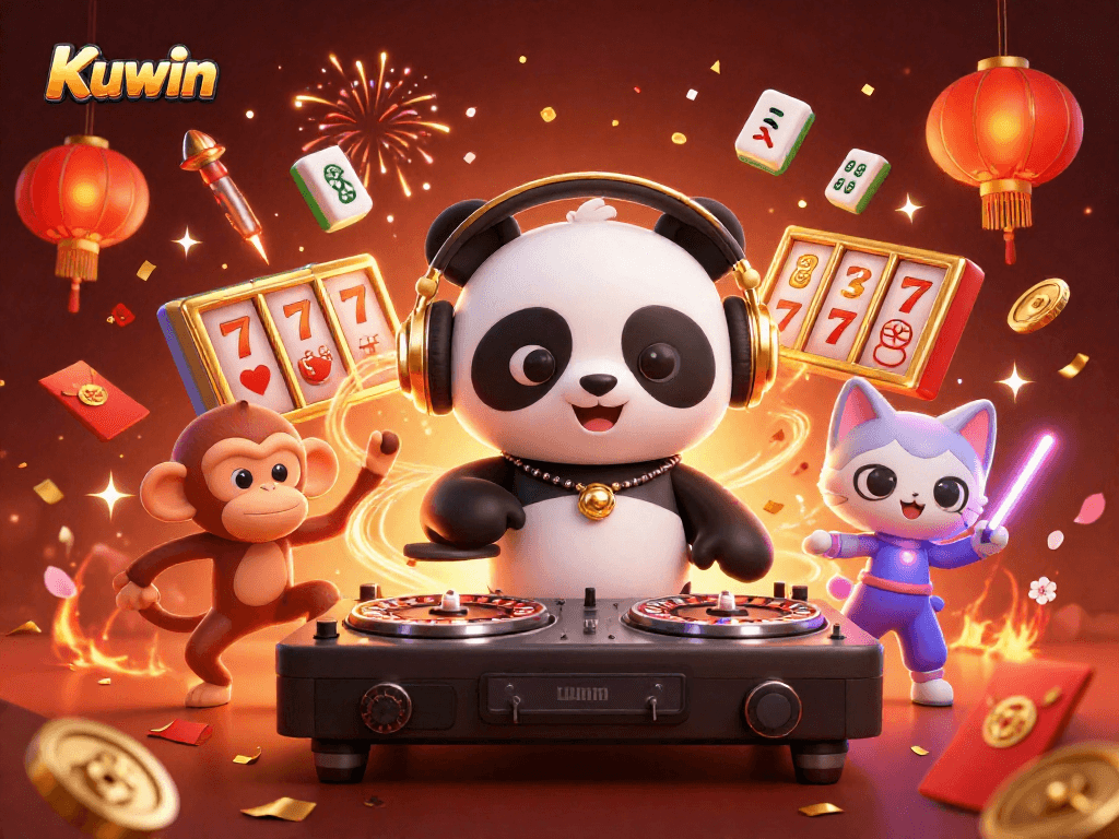 Kuwin offers vibrant 3D casino scene with DJ panda, breakdancing monkey, and rave kitten celebrating gaming.
