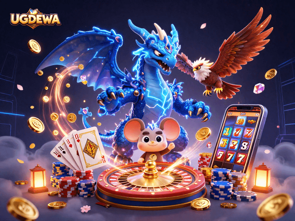 Engage with UGDEWA as vibrant casino characters celebrate wins with a thunder dragon and glowing hawk.