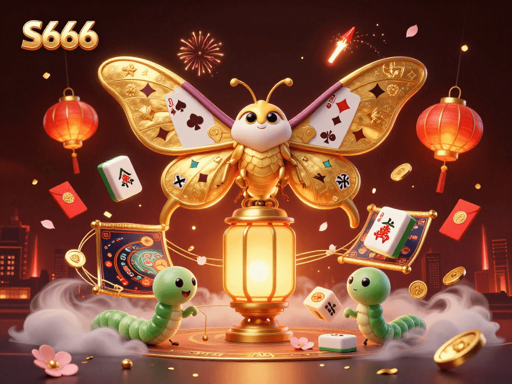 S666 casino adventure featuring a majestic atlas moth and golden game elements for players.