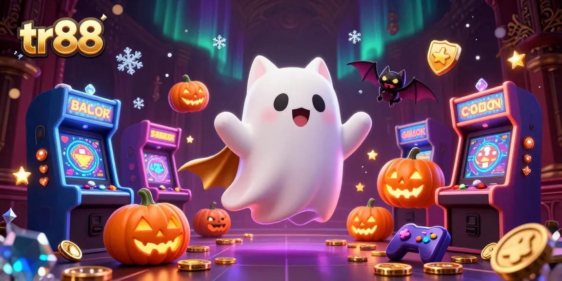 Experience thrills and surprises at tr88, featuring a lively scene with a ghost cat and casino elements.