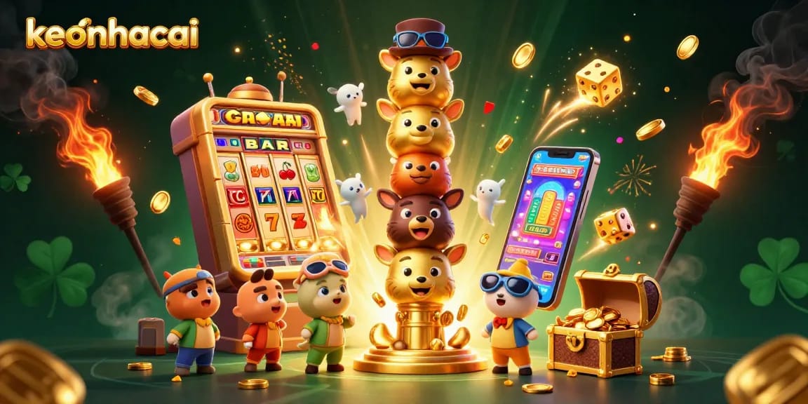 Experience thrilling wins with keonhacai in this vibrant 3D casino scene featuring animated slot machines and vibrant gaming elements.