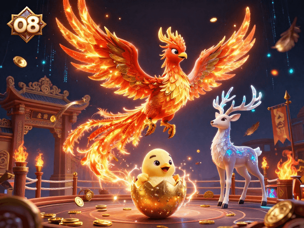 Engage with the lively o8 casino scene featuring phoenix characters and dynamic gaming elements.