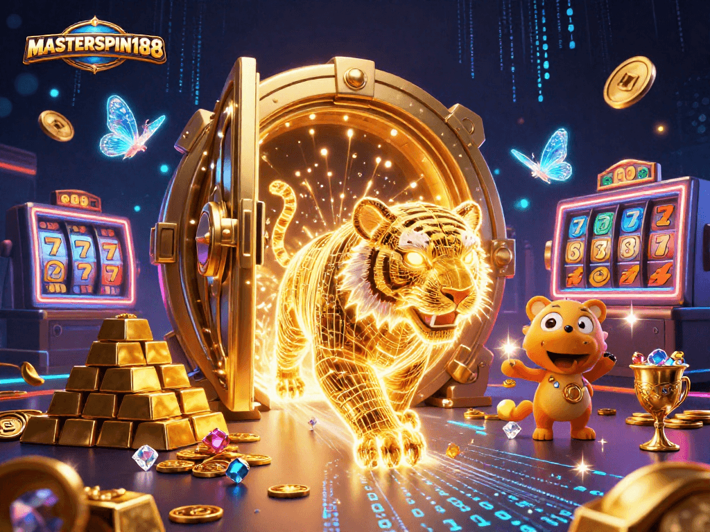 Experience the thrill of MASTERSPIN188 with a vibrant digital casino scene featuring a golden tiger.