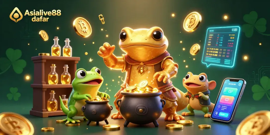 Spin to win with Asialive88 daftar, featuring a magical alchemist scene rich in gold coins and casino elements.