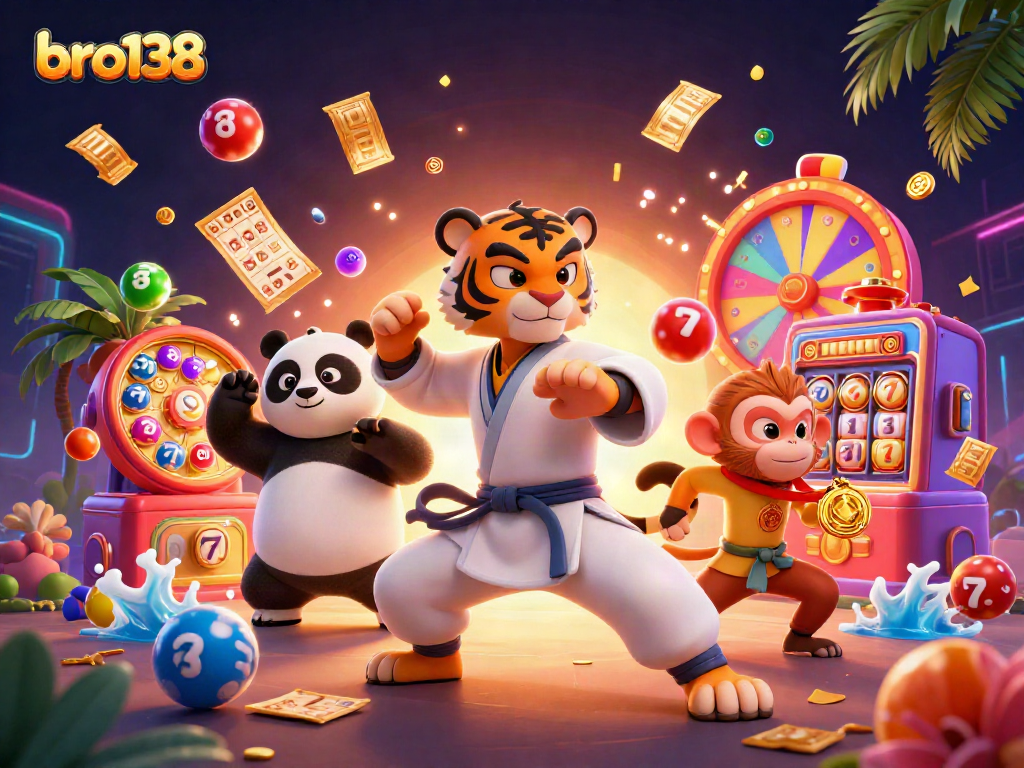 Engage with bro138 as the kung fu tiger master leads a dynamic lottery adventure surrounded by colorful elements.