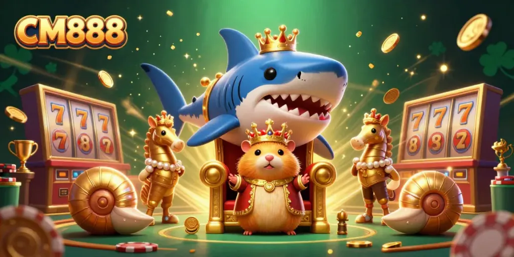 Experience the thrill of CM888 with a golden hamster king amidst vibrant casino elements.
