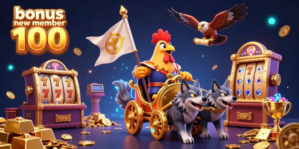 Experience the thrilling adventure of bonus new member 100 in this vibrant casino scene filled with treasures and excitement.
