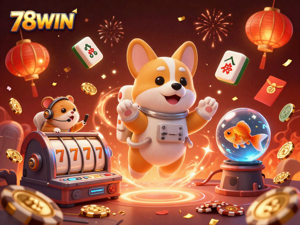 Engage in thrilling gaming with 78WIN at a space casino featuring playful characters and vibrant effects.