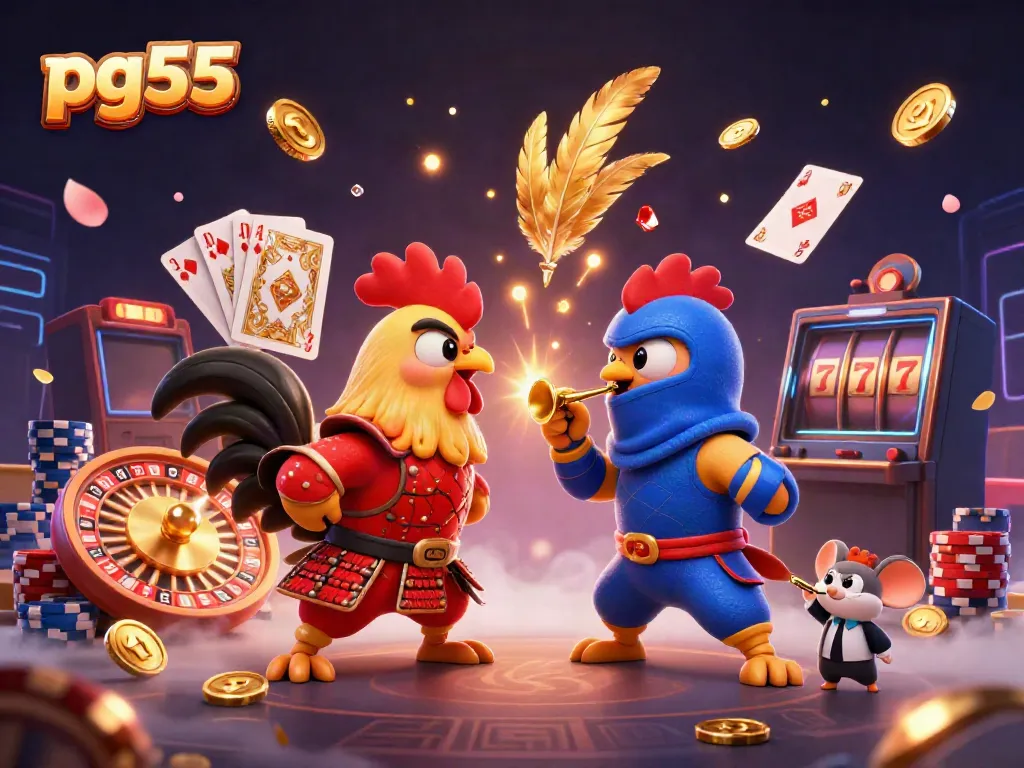 Engage with pg55 as twin roosters duel amidst golden coins and vibrant casino elements.
