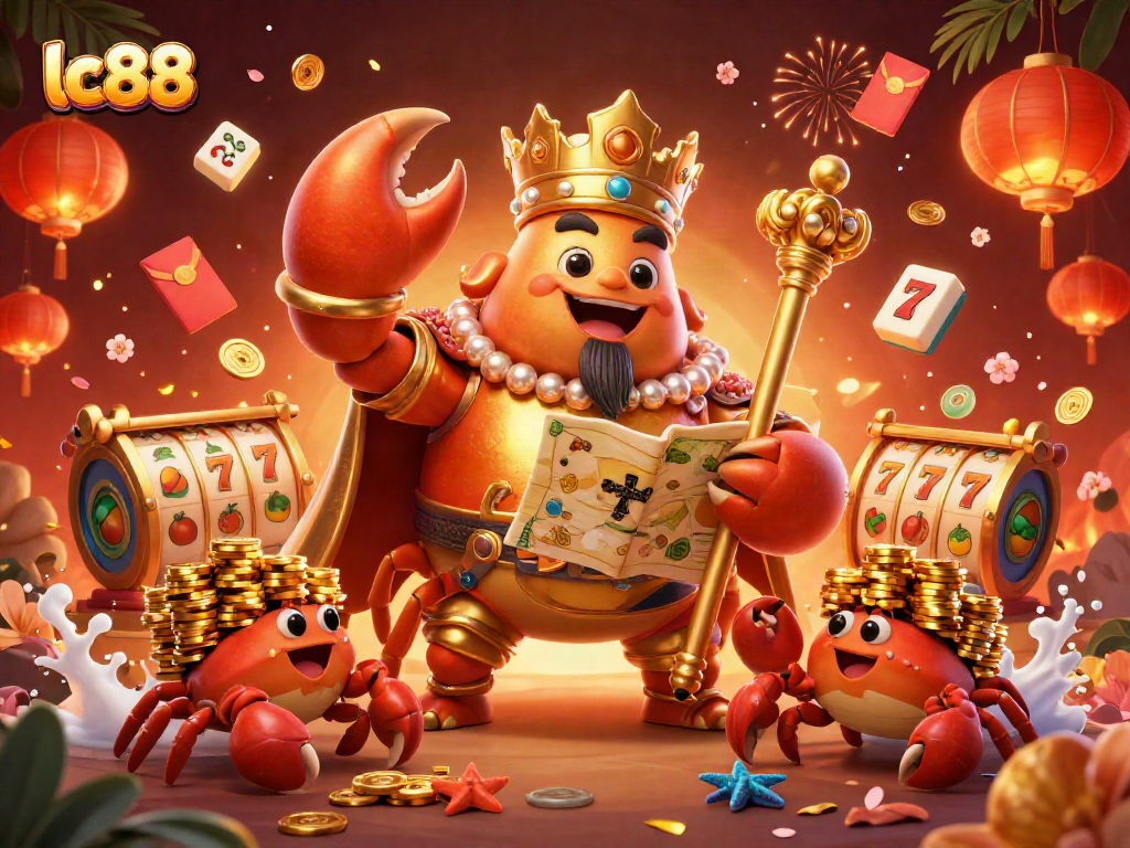 Experience excitement with lc88 slots, featuring a golden crab emperor and dynamic casino elements.