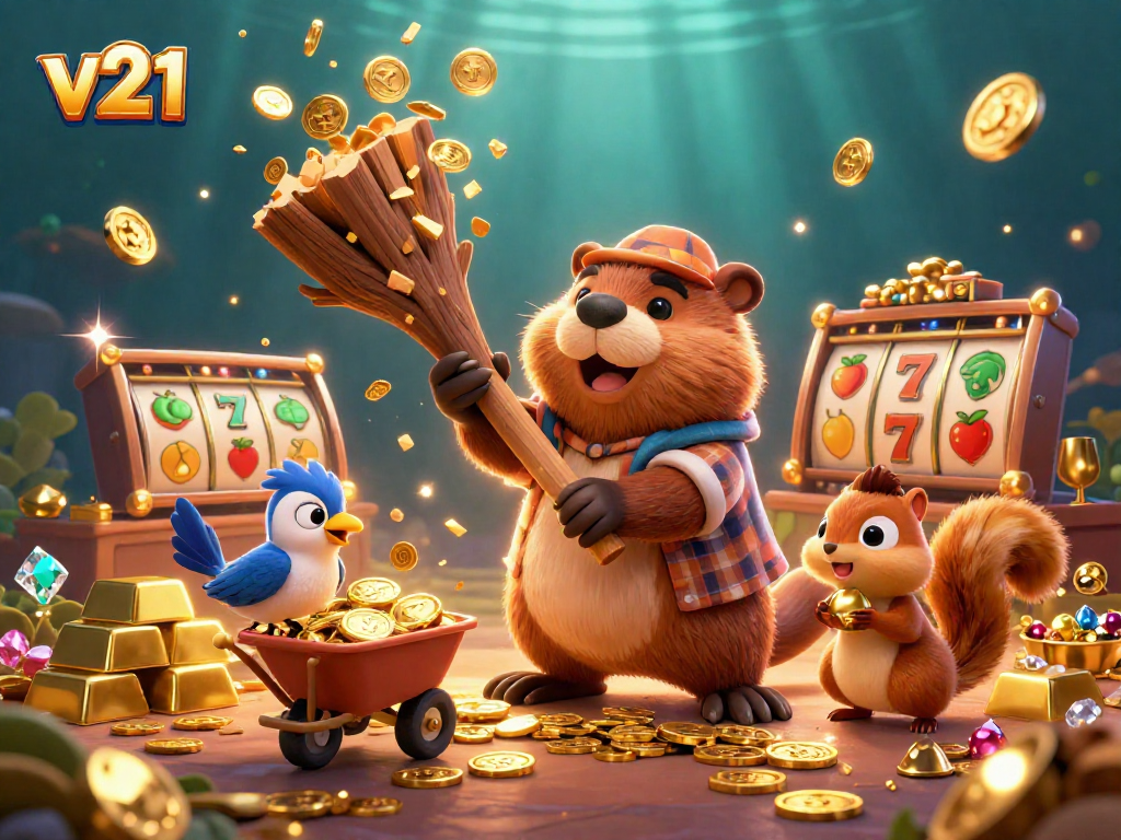 Meraih kemenangan dengan v21 di slot online sambil dicurahkan koin emas dari pepohonan.