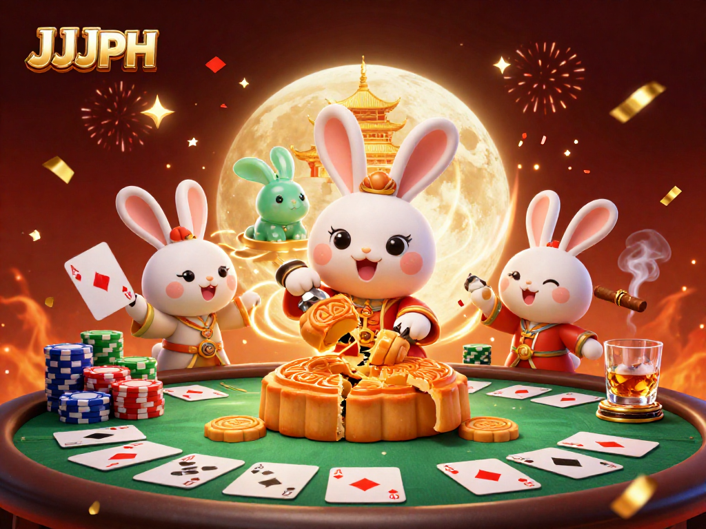 Makikita ang JJJPH na nalalaro habang ang 3D cartoon moon rabbit ay nagbubukas ng mga mooncakes na puno ng poker chips sa isang masiglang eksena.