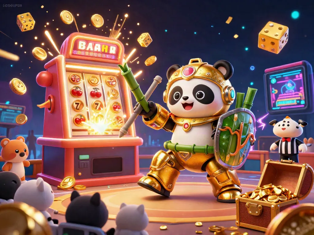 Engage with LGOSUPER in a vibrant casino scene featuring a mech-suit panda amidst slot machine excitement.