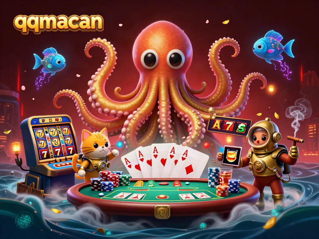 Immerse in the gaming world with qqmacan's vibrant scene of a colossal kraken and diving cat amid slot reels and poker elements.