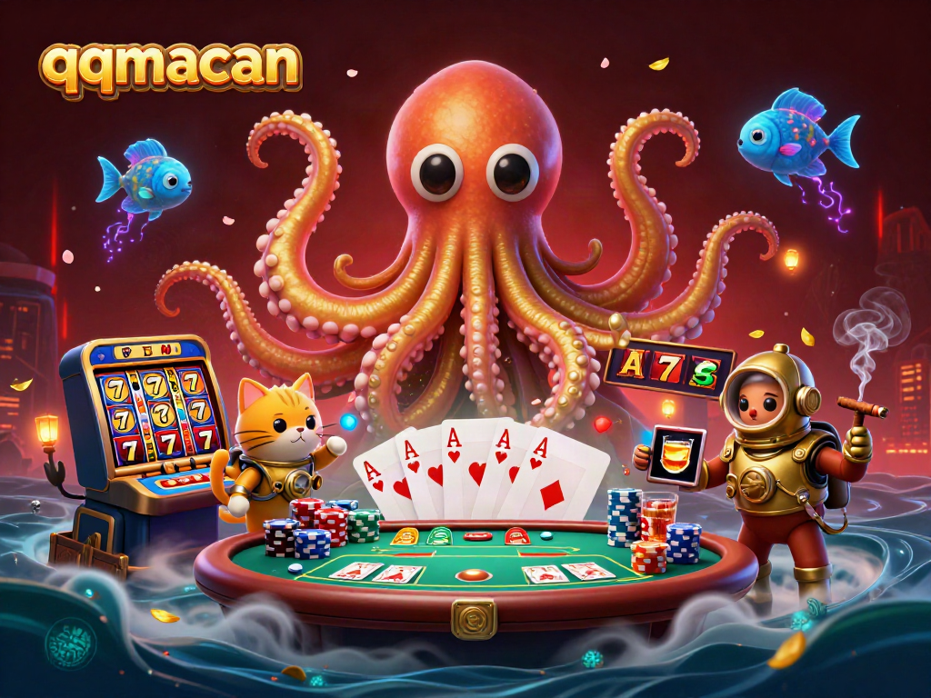 Immerse in the gaming world with qqmacan's vibrant scene of a colossal kraken and diving cat amid slot reels and poker elements.