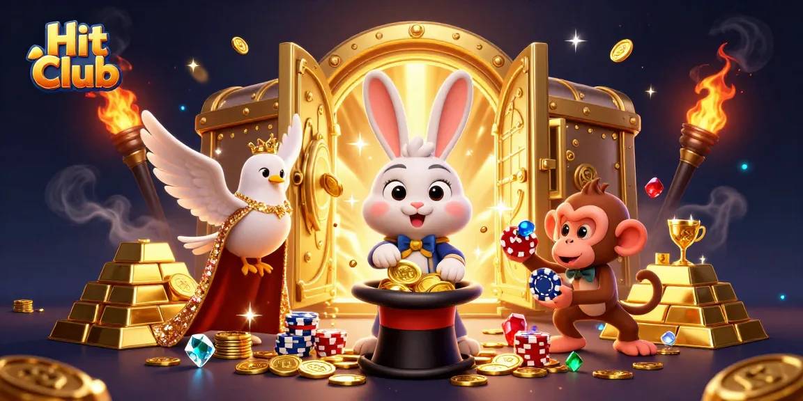 Engage with Hit Club's thrilling 3D casino scene featuring a magician rabbit, a dazzling dove, and a playful monkey amid gold and jewels.