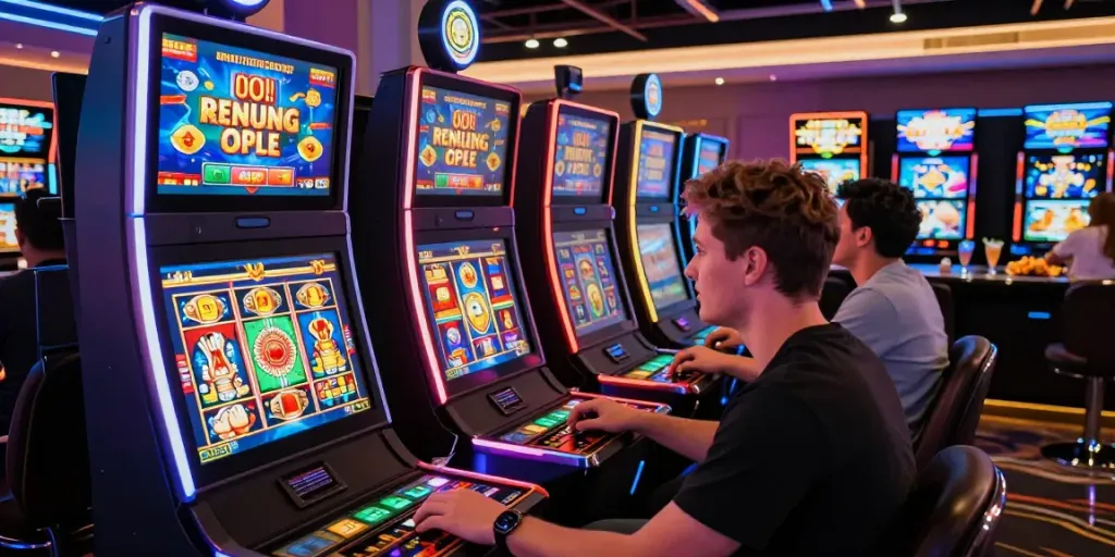 Enthusiastic player at an online casino engaging with colorful toto togel slot games.