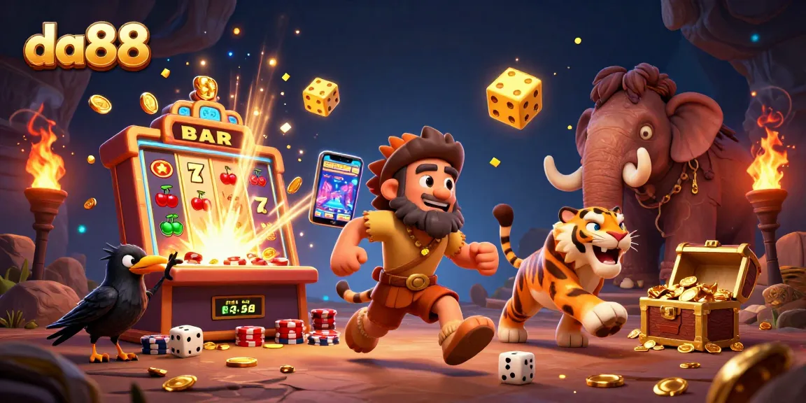 Spin the reels and hit jackpots with da88's vibrant casino adventure featuring caveman characters.