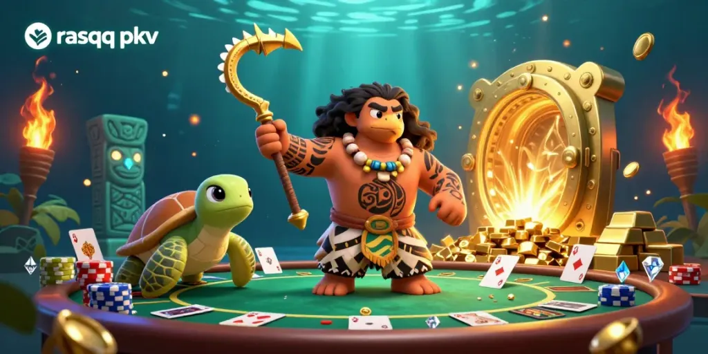 Engage in thrilling card games with rasqq pkv, featuring vibrant character action and casino visuals.