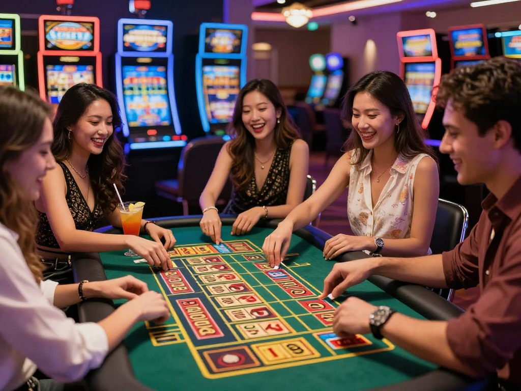 Suasana permainan situs toto 4D di kasino modern dengan pemain bersenang-senang.