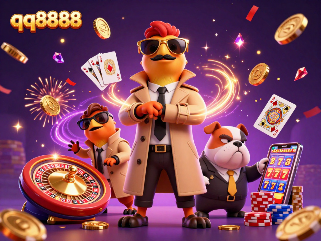 Win with qq8888: Three raptors in disguise at a casino, surrounded by coins and gaming excitement.