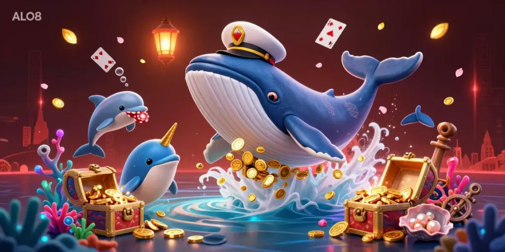 Engage with the dynamic ALO8 experience featuring a cartoon whale and poker dolphins amid golden coins.