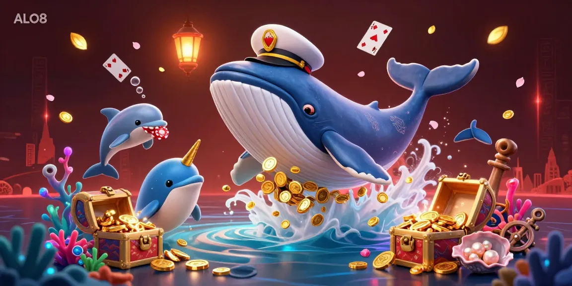 Engage with the dynamic ALO8 experience featuring a cartoon whale and poker dolphins amid golden coins.