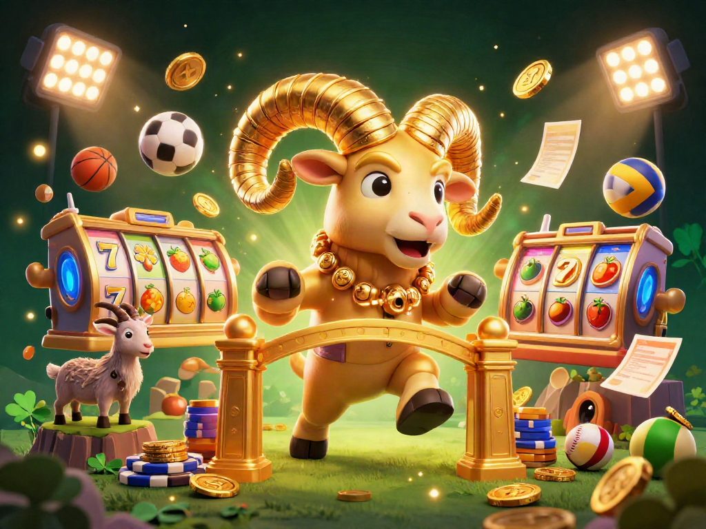 Experience thrilling GEGESLOT action with a fierce golden ram charging through a vibrant casino.
