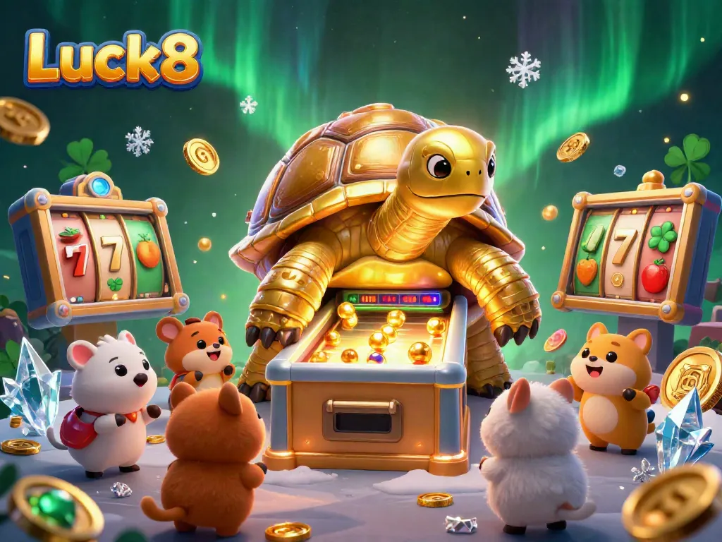 Experience the action at Luck8 with a unique pinball machine tortoise, surrounded by lively slot game themes and sparkling effects.
