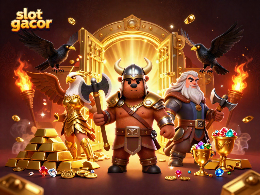 Engage with thrilling slot gacor action featuring vibrant Viking and eagle characters amidst a lavish golden scene.