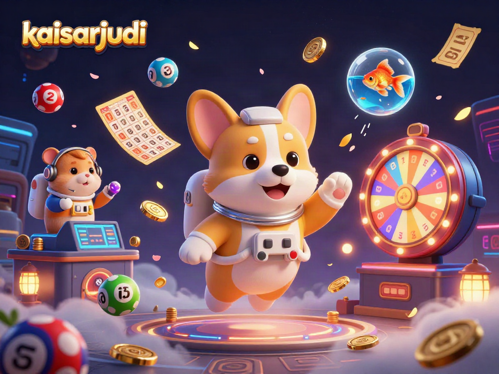 Kaisarjudi comes alive in this dynamic 3D illustration depicting an astronaut corgi, hamster, and goldfish in a vibrant casino.